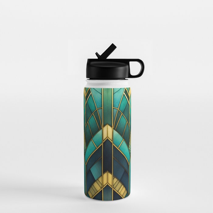 Gatsby Inspired Dark Green Gold Art Deco Pattern Water Bottle Gallery Image 1