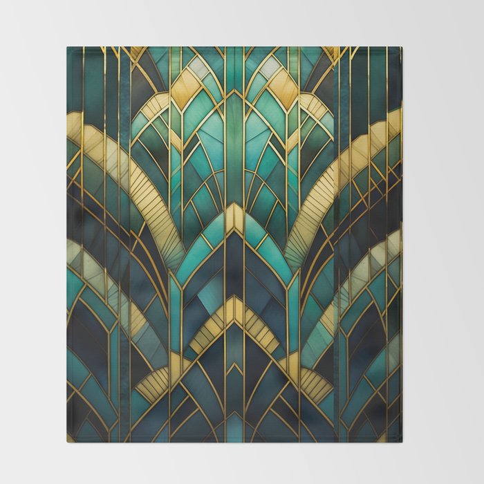 Gatsby Inspired Dark Green Gold Art Deco Pattern Throw Blanket Gallery Image 2