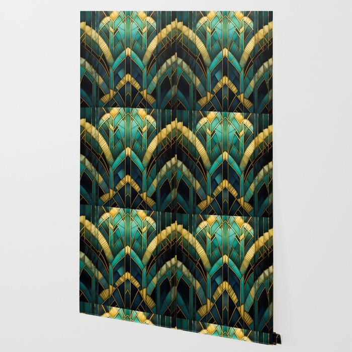 Gatsby Inspired Dark Green Gold Art Deco Pattern Wallpaper Gallery Image 2