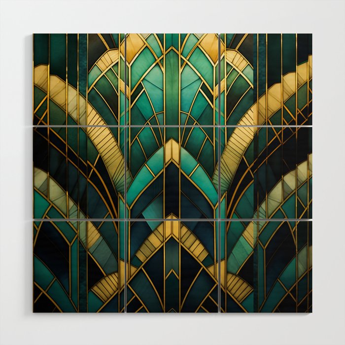 Gatsby Inspired Dark Green Gold Art Deco Pattern Wood Wall Art Gallery Image 1