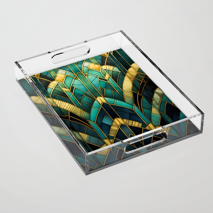 Gatsby Inspired Dark Green Gold Art Deco Pattern Acrylic Tray Gallery Image 1