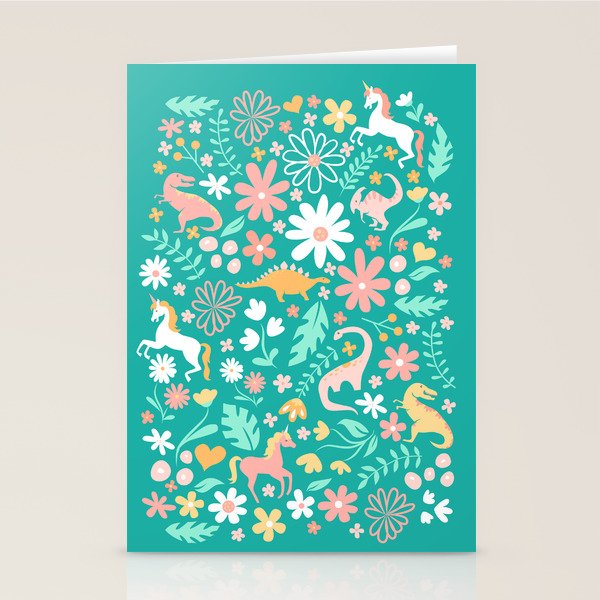 Dinosaurs + Unicorns on Teal Stationery Card Gallery Image 2