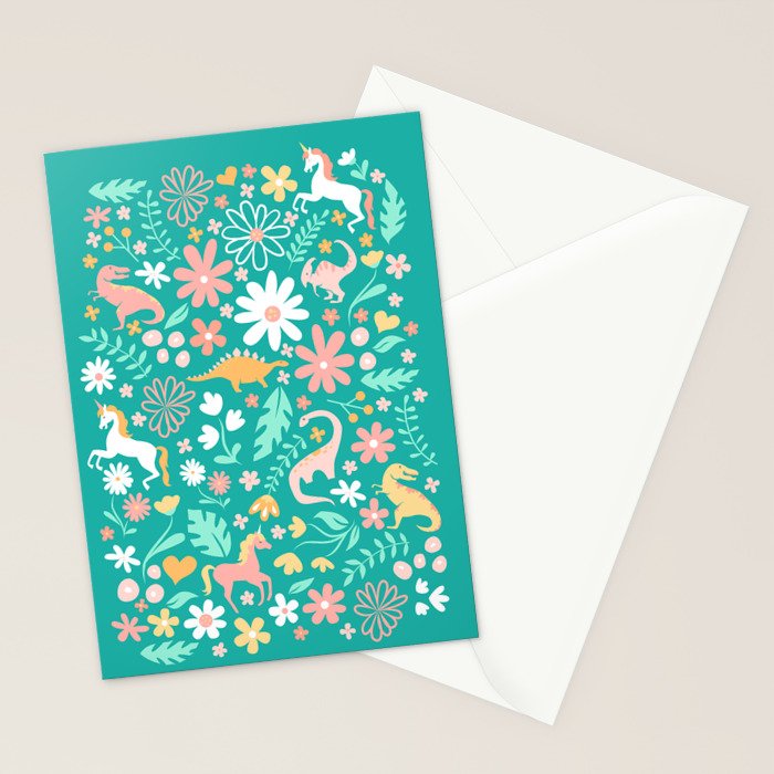 Dinosaurs + Unicorns on Teal Stationery Card Gallery Image 2