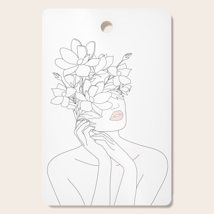 Minimal Line Art Woman with Magnolia Cutting Board Gallery Image 1