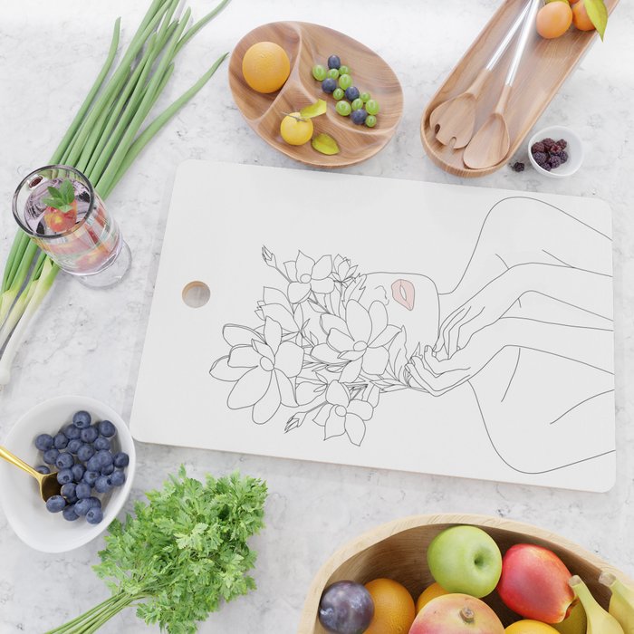Minimal Line Art Woman with Magnolia Cutting Board Gallery Image 2