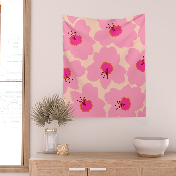 Orange And Pink Retro Floral Wall Tapestry Gallery Image 2