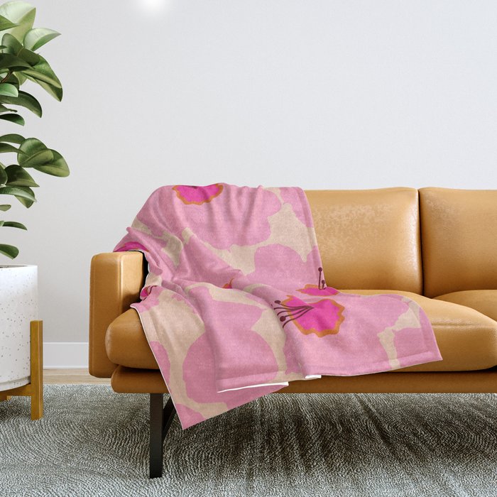 Orange And Pink Retro Floral Throw Blanket Gallery Image 1
