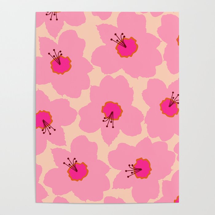 Orange And Pink Retro Floral Poster Gallery Image 1