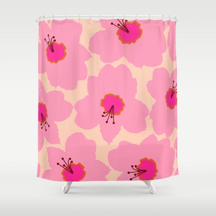 Orange And Pink Retro Floral Shower Curtain Gallery Image 1