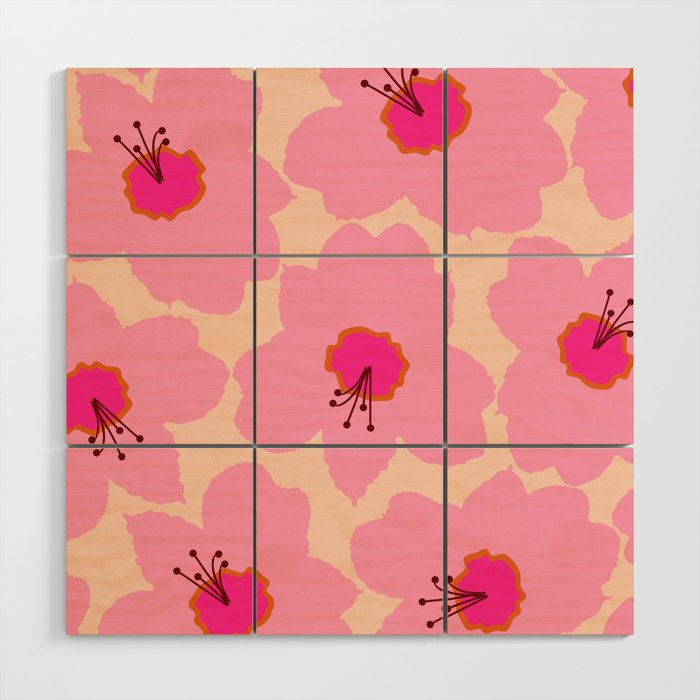 Orange And Pink Retro Floral Wood Wall Art Gallery Image 1