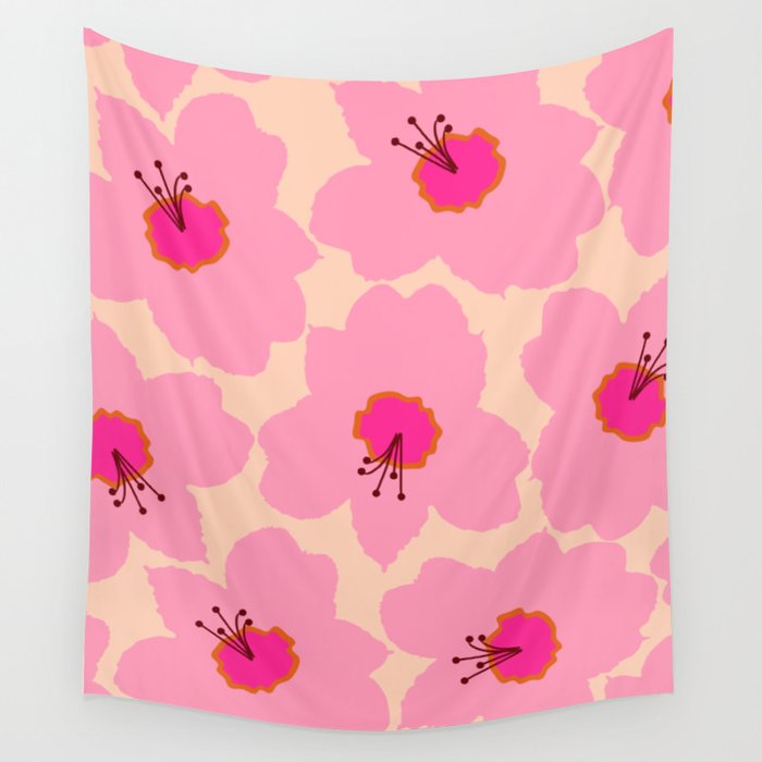 Orange And Pink Retro Floral Wall Tapestry Gallery Image 4