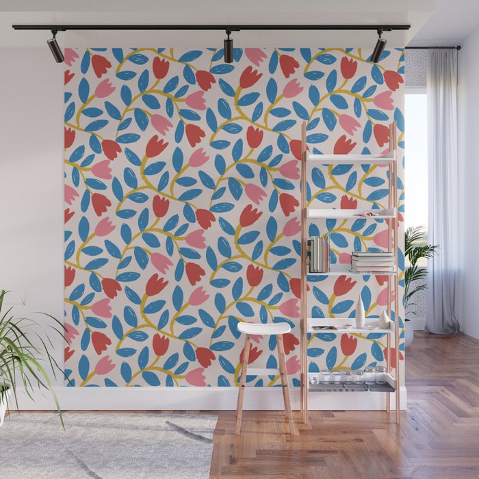Simple Floral - Blue, Pink and Red Wall Mural Gallery Image 1