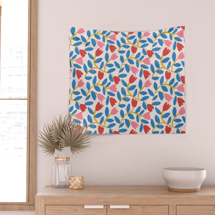 Simple Floral - Blue, Pink and Red Wall Tapestry Gallery Image 2