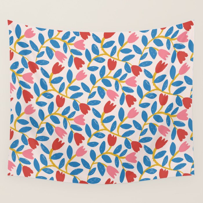 Simple Floral - Blue, Pink and Red Wall Tapestry Gallery Image 4