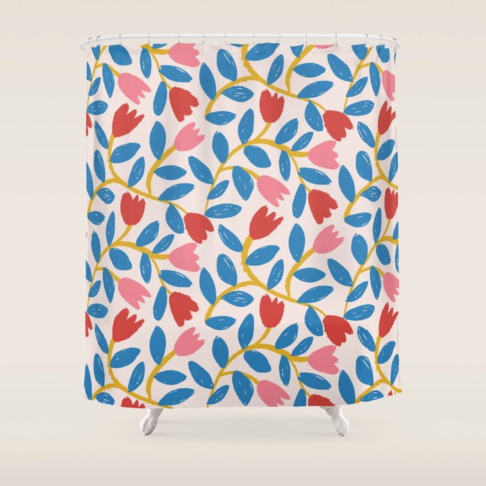 Simple Floral - Blue, Pink and Red Shower Curtain Gallery Image 1