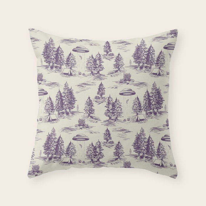 Purple Alien Abduction Toile De Jouy Pattern Throw Pillow Gallery Image 1