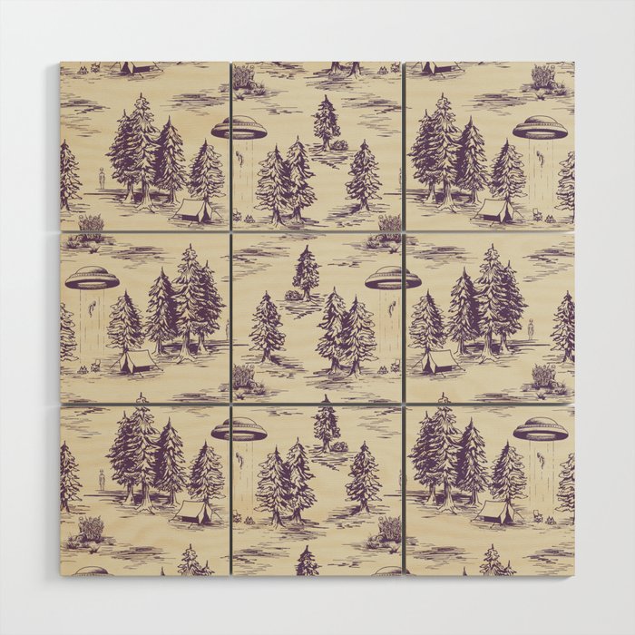 Purple Alien Abduction Toile De Jouy Pattern Wood Wall Art Gallery Image 1
