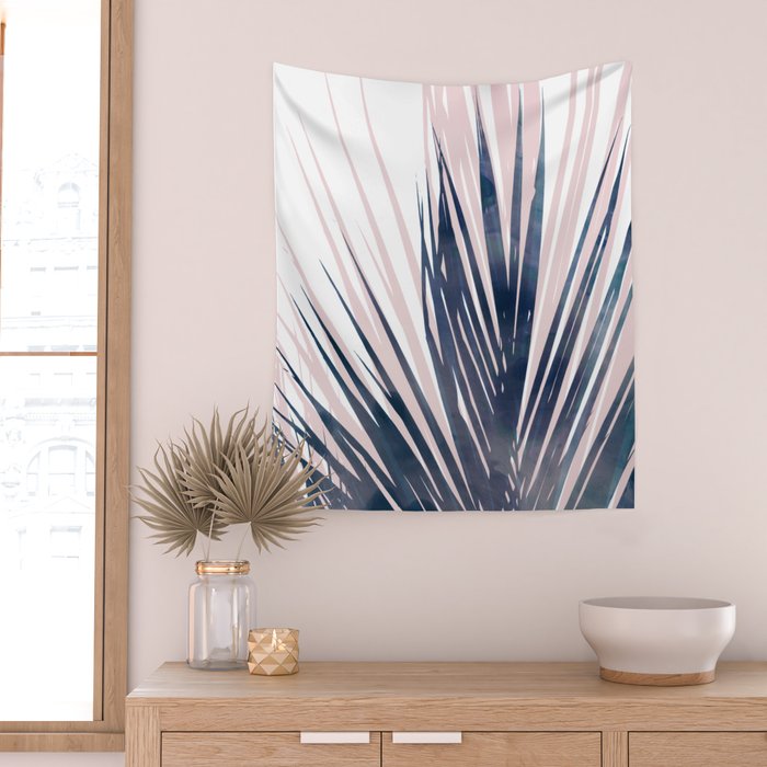 Contemporary Palm Leaf in Navy Blue and Blush Pink Wall Tapestry Gallery Image 2