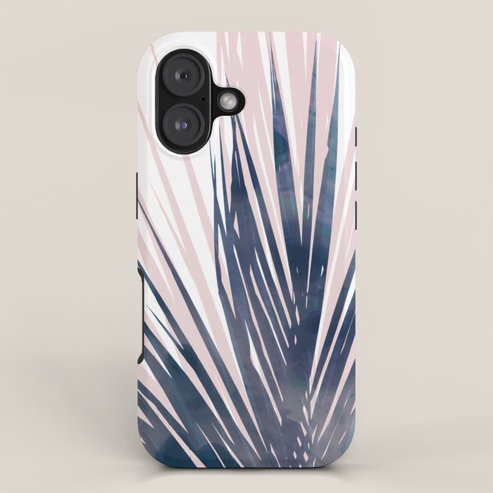 Contemporary Palm Leaf in Navy Blue and Blush Pink iPhone Case Gallery Image 1