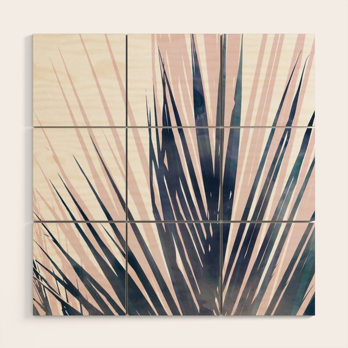 Contemporary Palm Leaf in Navy Blue and Blush Pink Wood Wall Art Gallery Image 1