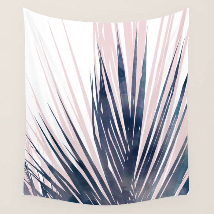 Contemporary Palm Leaf in Navy Blue and Blush Pink Wall Tapestry Gallery Image 4