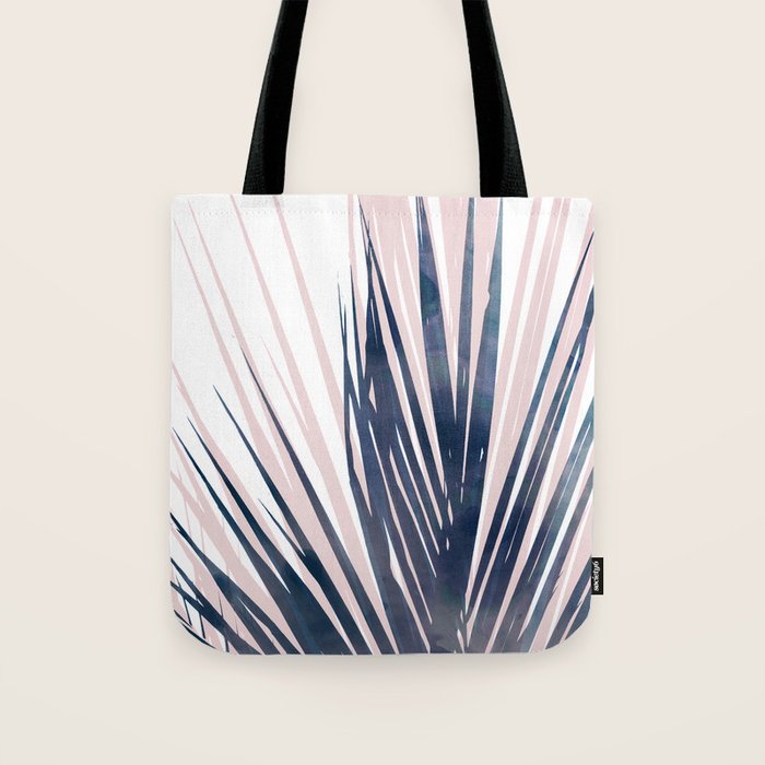 Contemporary Palm Leaf in Navy Blue and Blush Pink Tote Bag Gallery Image 1