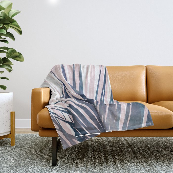 Contemporary Palm Leaf in Navy Blue and Blush Pink Throw Blanket Gallery Image 1