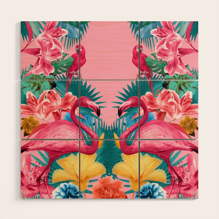 Flamingo and Tropical garden Wood Wall Art Gallery Image 1