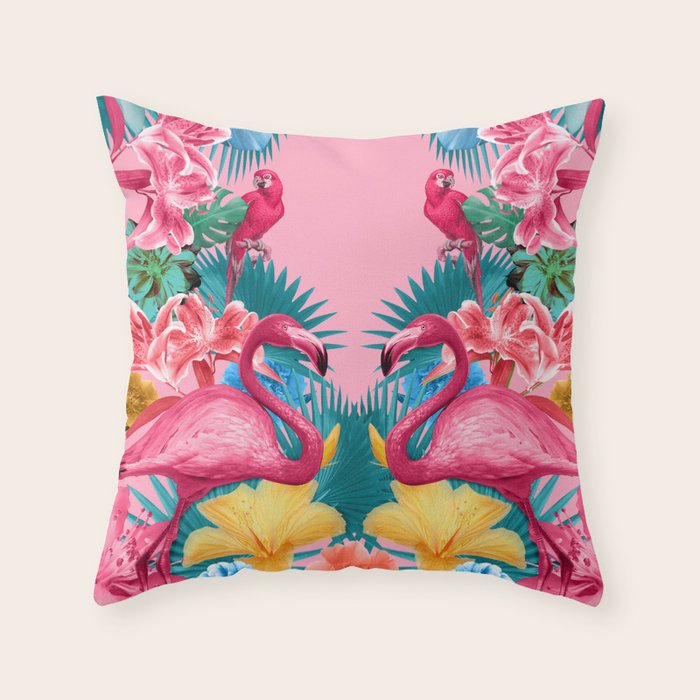 Flamingo and Tropical garden Throw Pillow Gallery Image 1