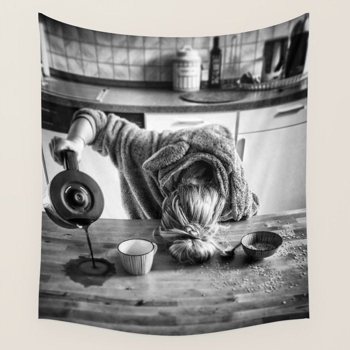 First I Drink the Coffee, Then I do the Stuff - hangover black and white photograph / photography Wall Tapestry Gallery Image 1