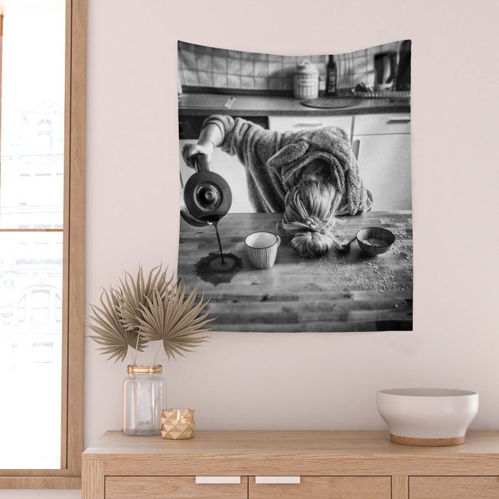 First I Drink the Coffee, Then I do the Stuff - hangover black and white photograph / photography Wall Tapestry Gallery Image 2