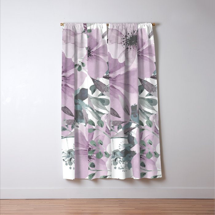 Floral Watercolor, Purple and Gray Window Curtain Gallery Image 3