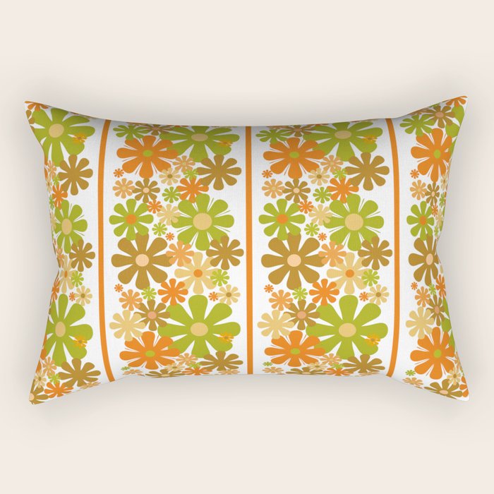 Retro Floral Stripe 60s 70s Aesthetic Pattern in Avocado Orange Brown Rectangular Pillow Gallery Image 1