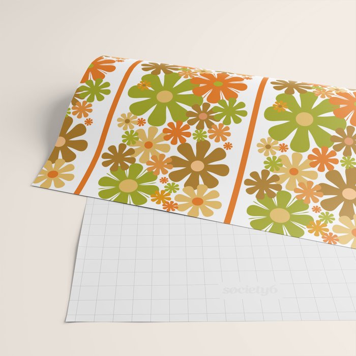 Retro Floral Stripe 60s 70s Aesthetic Pattern in Avocado Orange Brown Wrapping Paper Gallery Image 2