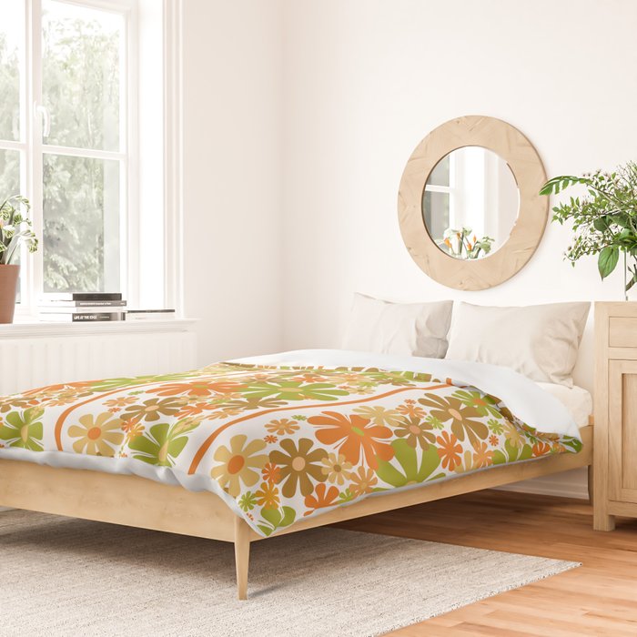 Retro Floral Stripe 60s 70s Aesthetic Pattern in Avocado Orange Brown Duvet Cover Gallery Image 2