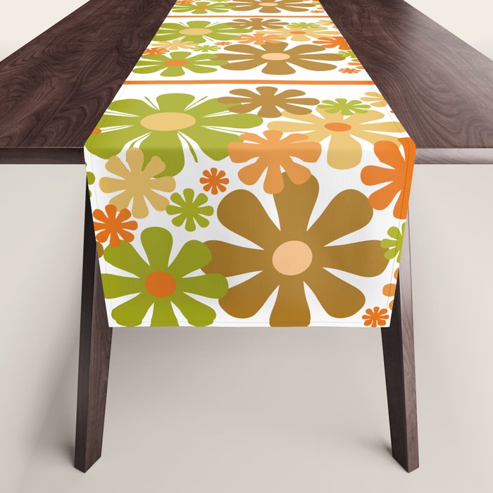 Retro Floral Stripe 60s 70s Aesthetic Pattern in Avocado Orange Brown Table Runner Gallery Image 1