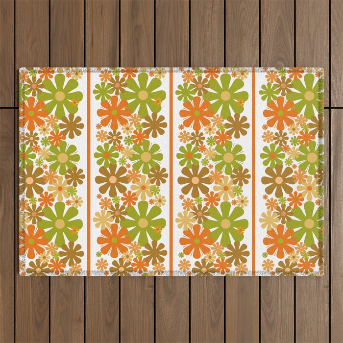 Retro Floral Stripe 60s 70s Aesthetic Pattern in Avocado Orange Brown Outdoor Rug Gallery Image 1