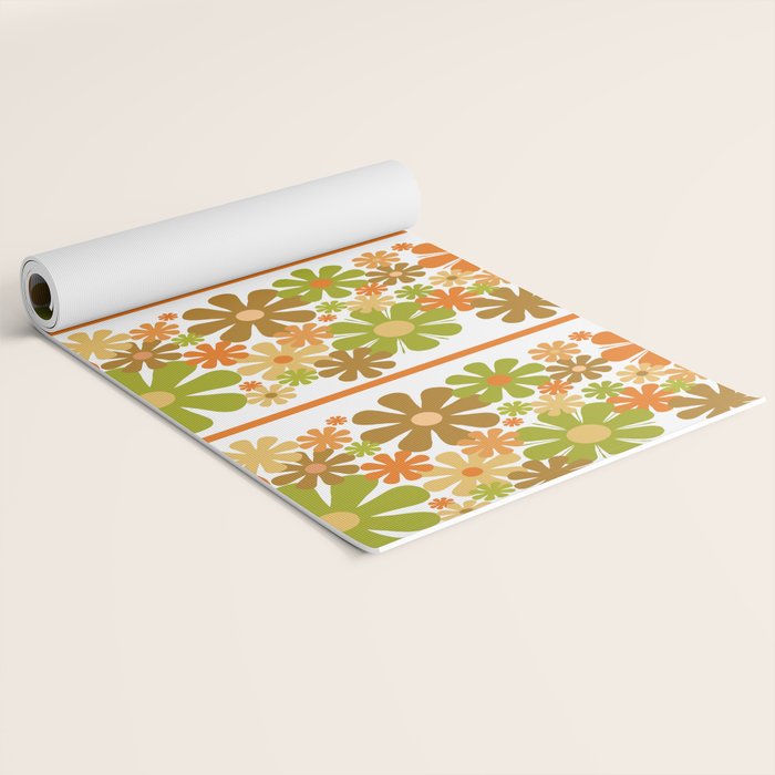 Retro Floral Stripe 60s 70s Aesthetic Pattern in Avocado Orange Brown Yoga Mat Gallery Image 2