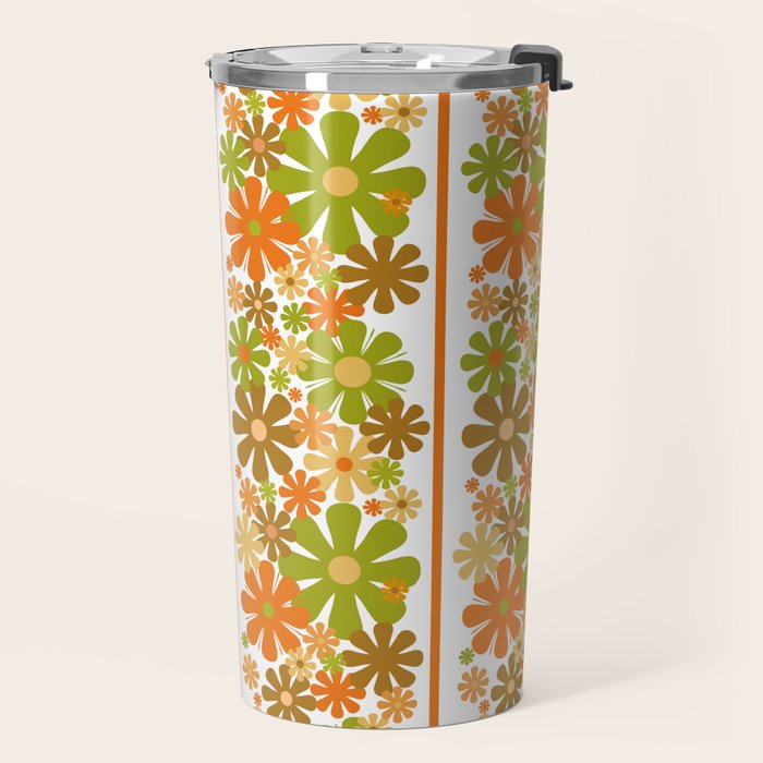Retro Floral Stripe 60s 70s Aesthetic Pattern in Avocado Orange Brown Travel Mug Gallery Image 2