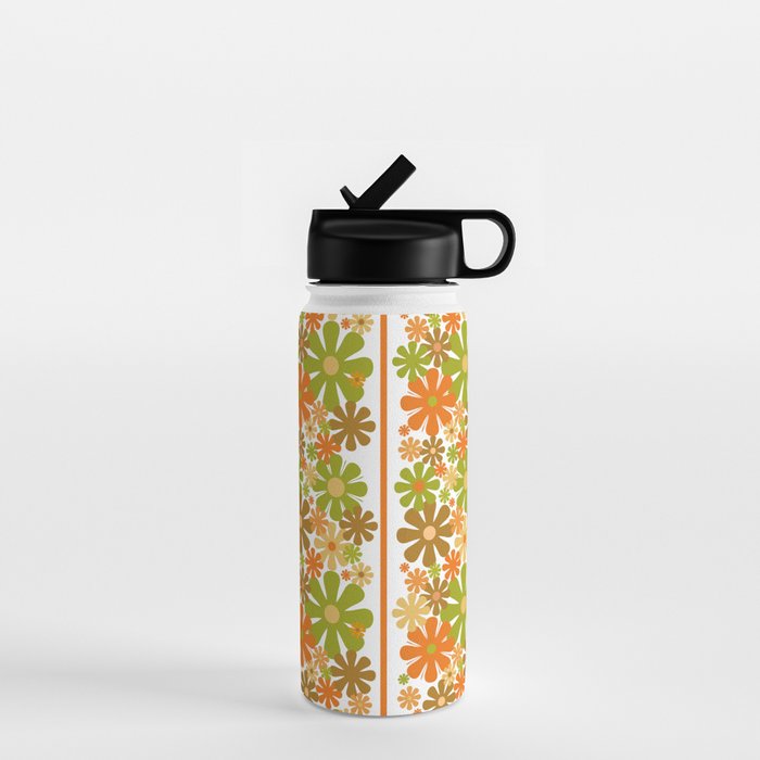 Retro Floral Stripe 60s 70s Aesthetic Pattern in Avocado Orange Brown Water Bottle Gallery Image 1