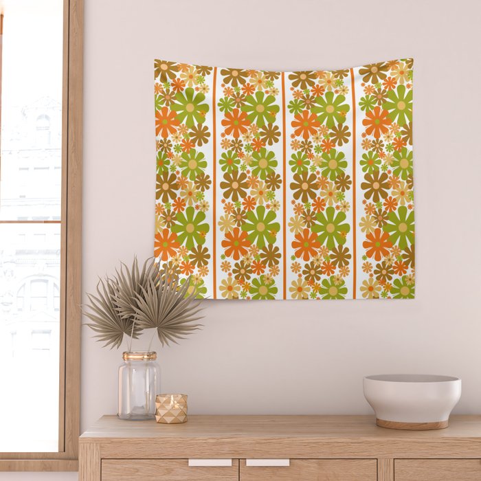 Retro Floral Stripe 60s 70s Aesthetic Pattern in Avocado Orange Brown Wall Tapestry Gallery Image 2