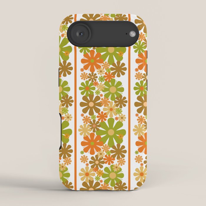 Retro Floral Stripe 60s 70s Aesthetic Pattern in Avocado Orange Brown iPhone Case Gallery Image 2