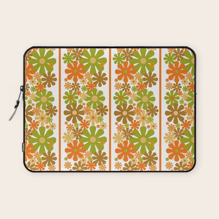Retro Floral Stripe 60s 70s Aesthetic Pattern in Avocado Orange Brown Laptop Sleeve Gallery Image 1