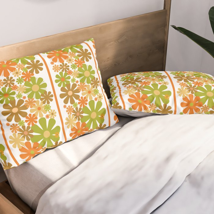 Retro Floral Stripe 60s 70s Aesthetic Pattern in Avocado Orange Brown Pillow Sham Gallery Image 2