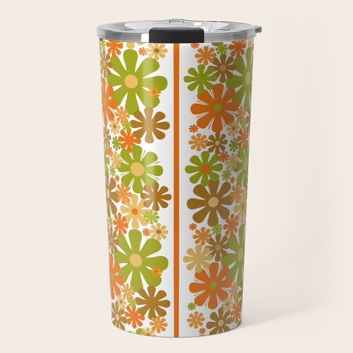 Retro Floral Stripe 60s 70s Aesthetic Pattern in Avocado Orange Brown Travel Mug Gallery Image 1