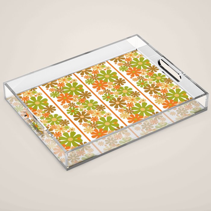 Retro Floral Stripe 60s 70s Aesthetic Pattern in Avocado Orange Brown Acrylic Tray Gallery Image 1