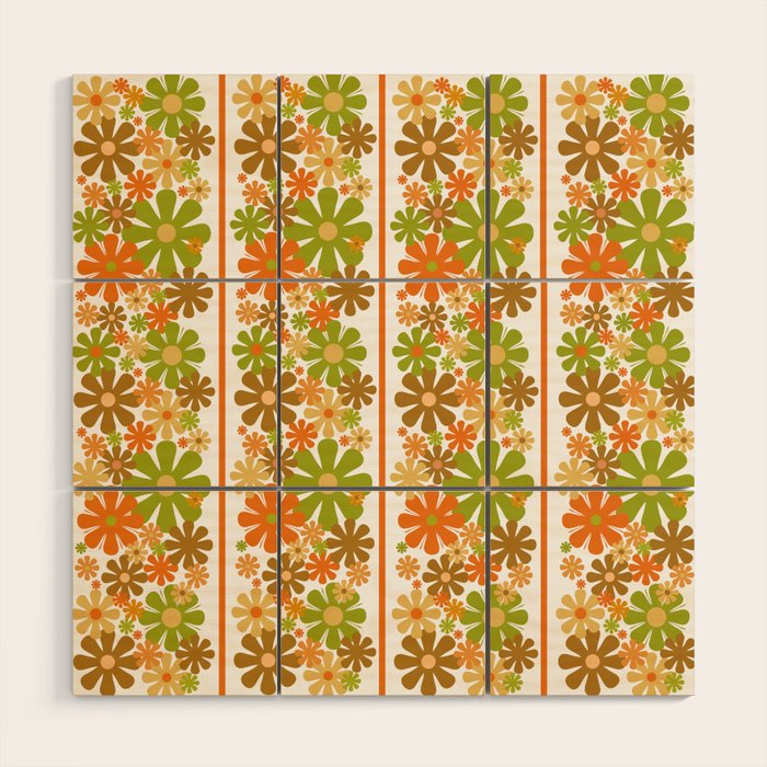 Retro Floral Stripe 60s 70s Aesthetic Pattern in Avocado Orange Brown Wood Wall Art Gallery Image 1