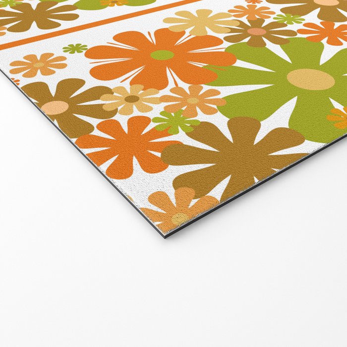 Retro Floral Stripe 60s 70s Aesthetic Pattern in Avocado Orange Brown Welcome Mat Gallery Image 2