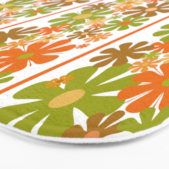 Retro Floral Stripe 60s 70s Aesthetic Pattern in Avocado Orange Brown Bath Mat Gallery Image 3