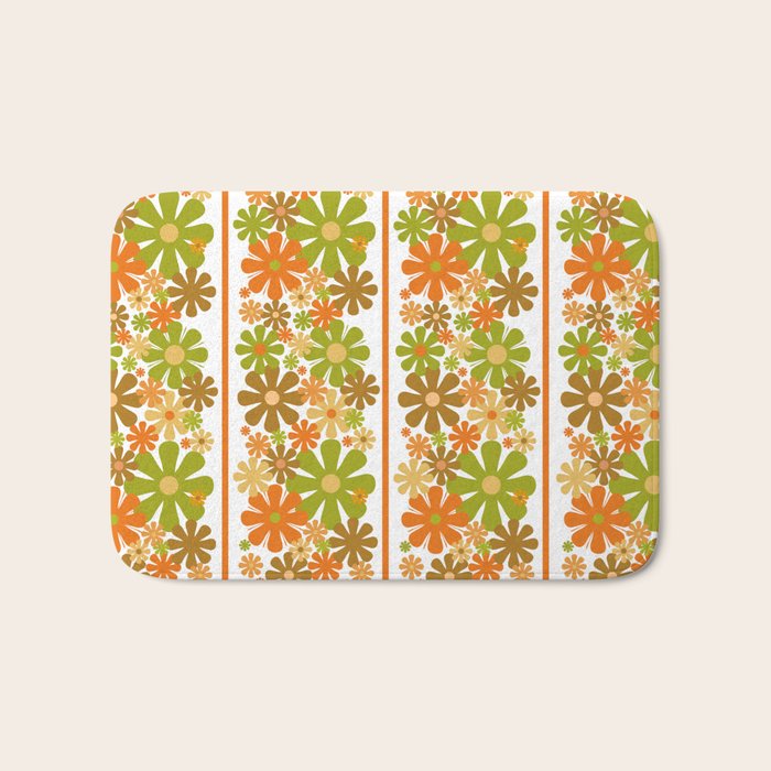 Retro Floral Stripe 60s 70s Aesthetic Pattern in Avocado Orange Brown Bath Mat Gallery Image 1
